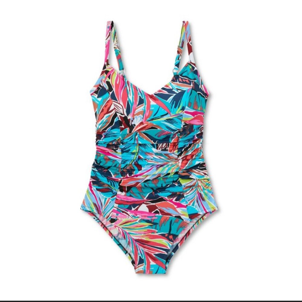 Aqua Green Swimwear Women's Tropical Print One Piece UPF50 Shirred V-Neck Sz:M